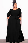 Final Plus Size Long Dress with 3/4 Sleeve and Tie in Black