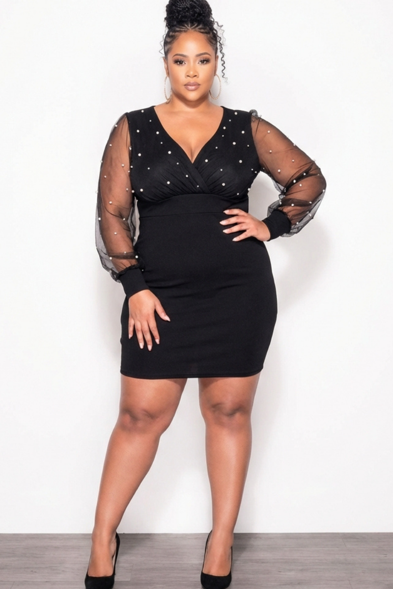 Final Sale Plus Size Pearl Beaded on Mesh Mini Dress in Black