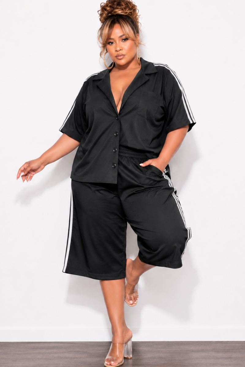 Final Sale Plus Size 2pc Windbreaker Top & Matching Jort Shorts in Black & White Stripes