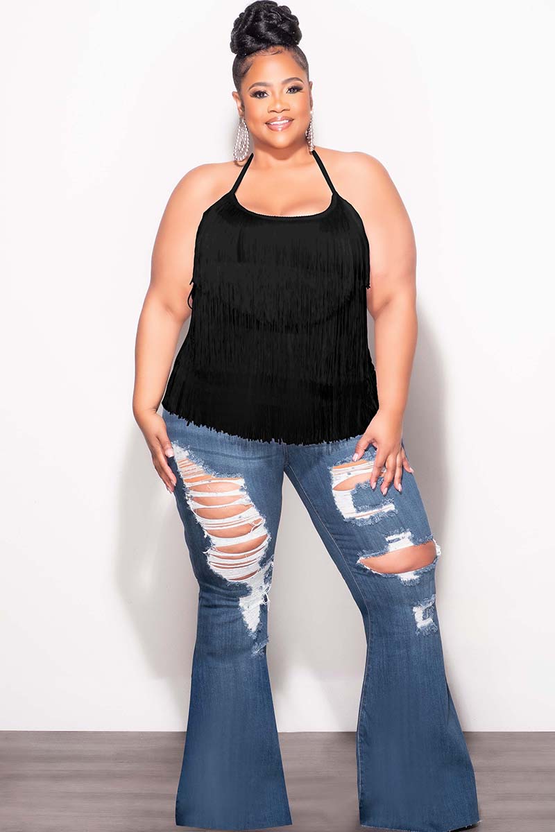 Final Sale Plus Size Halter Fringe Top in Black
