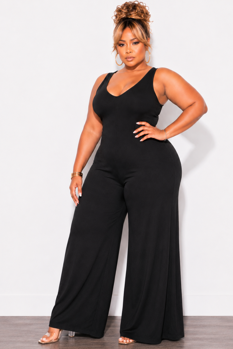 Final Sale Plus Size Ribbed Tank Jumpsuit With Wide Leg In Black