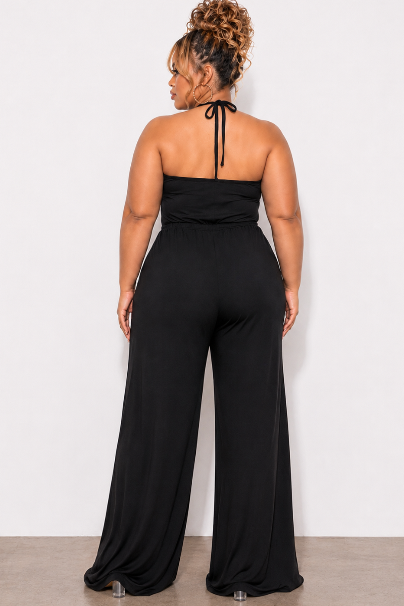 Final Sale Plus Size Spaghetti Strap Halter Jumpsuit in Black