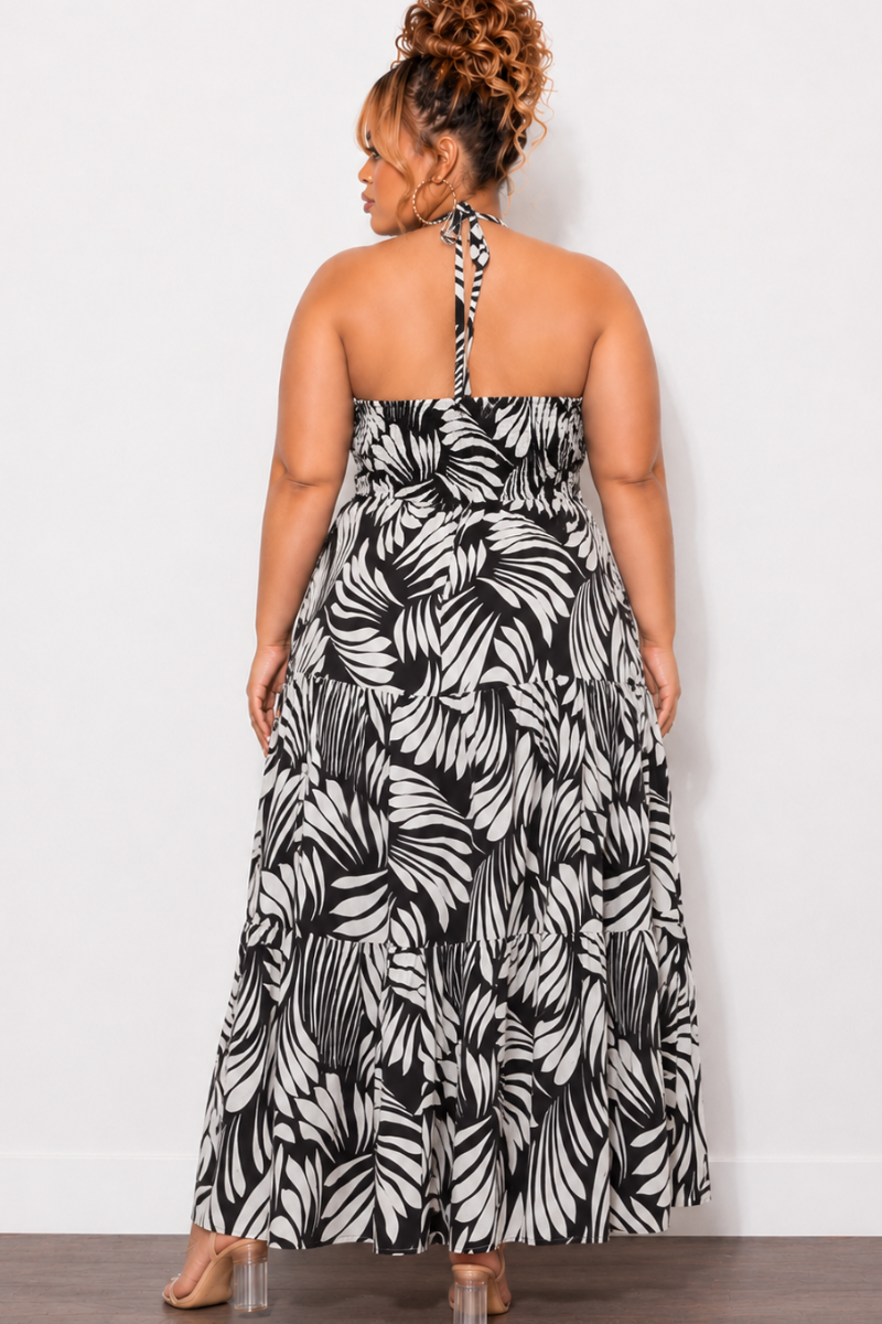 Final Sale Plus Size Halter Tiered Dress in Black & Off White Print
