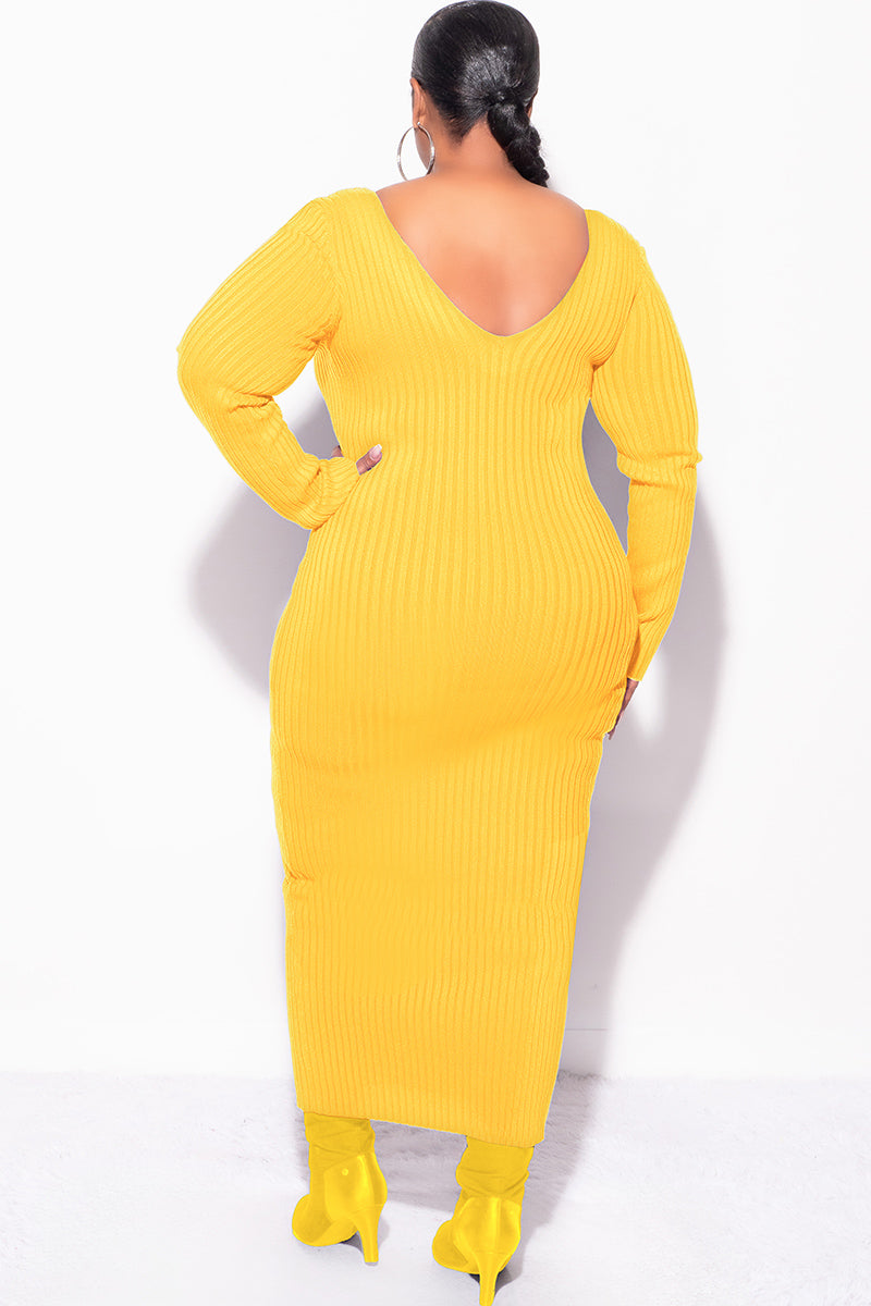 Final Sale Plus Size BodyCon Ribbed Knit Dress in Gold Yellow (Mustard)