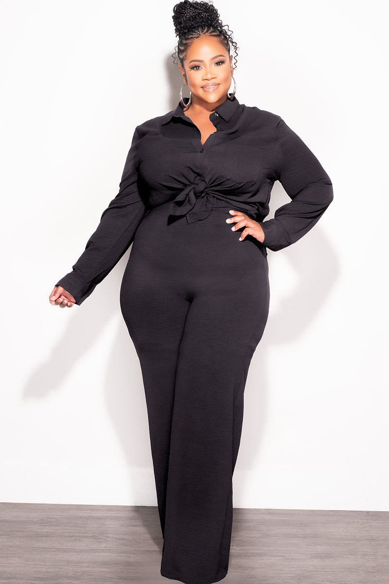 Final Sale Plus Size 2pc Oversized Button Up Collar Top and Pants Set in Black