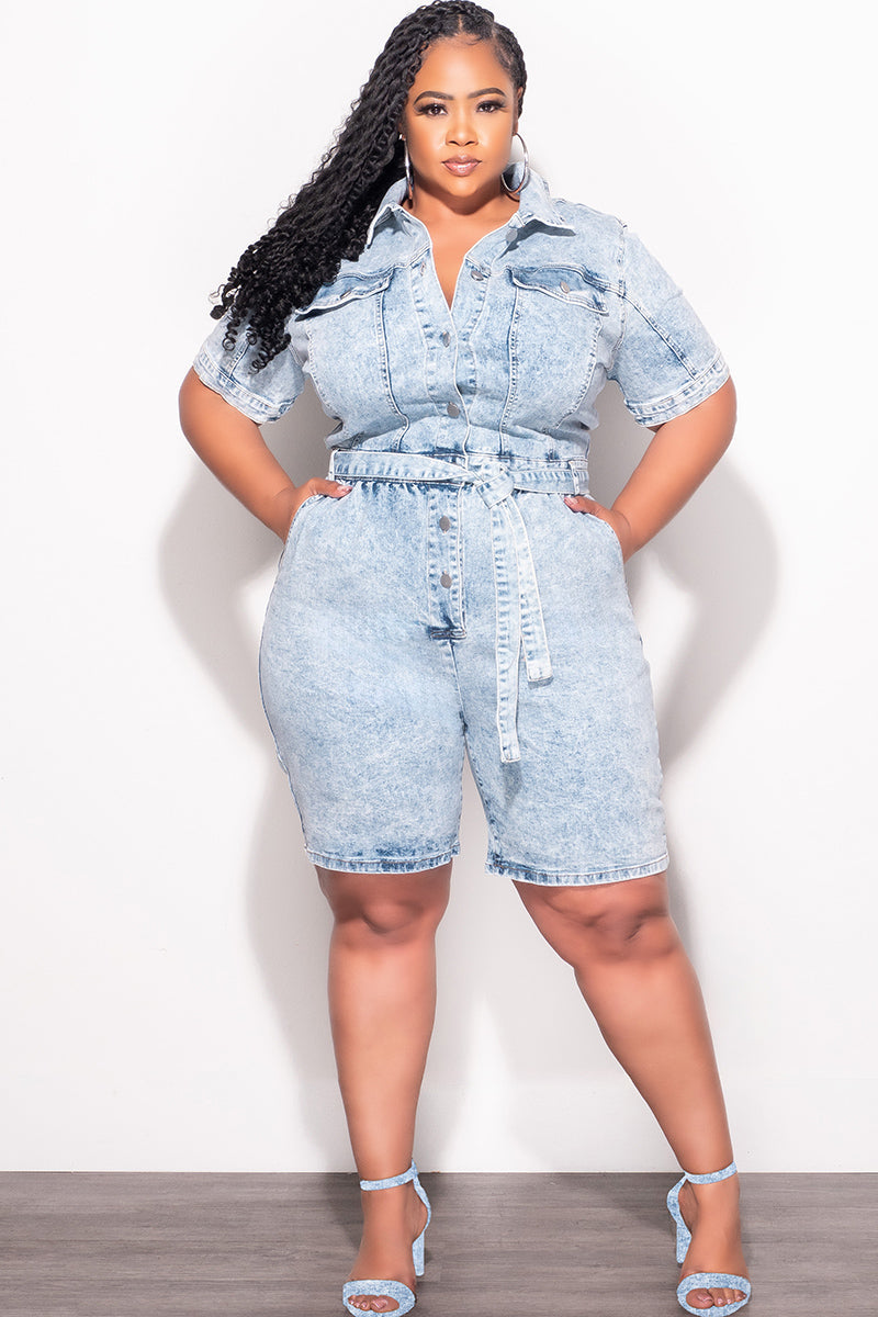 Final Sale Plus Size Collar Button Up Romper in Light Acid Wash