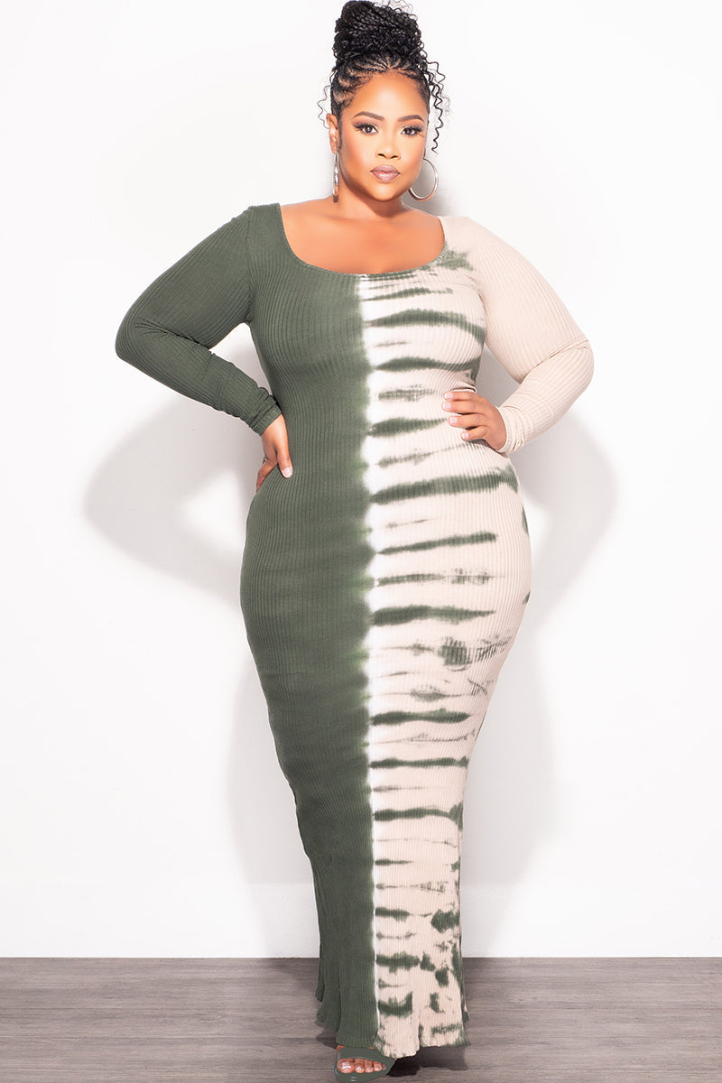 Final Sale Plus Size Thick Ribbed BodyCon Colorblock Midi Dress in Olive and Tan Tie Dye Print