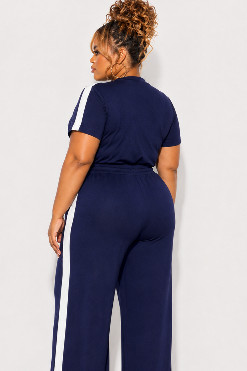 Final Sale Plus Size Short Sleeve Jumpsuit With Wide Leg In Navy & White