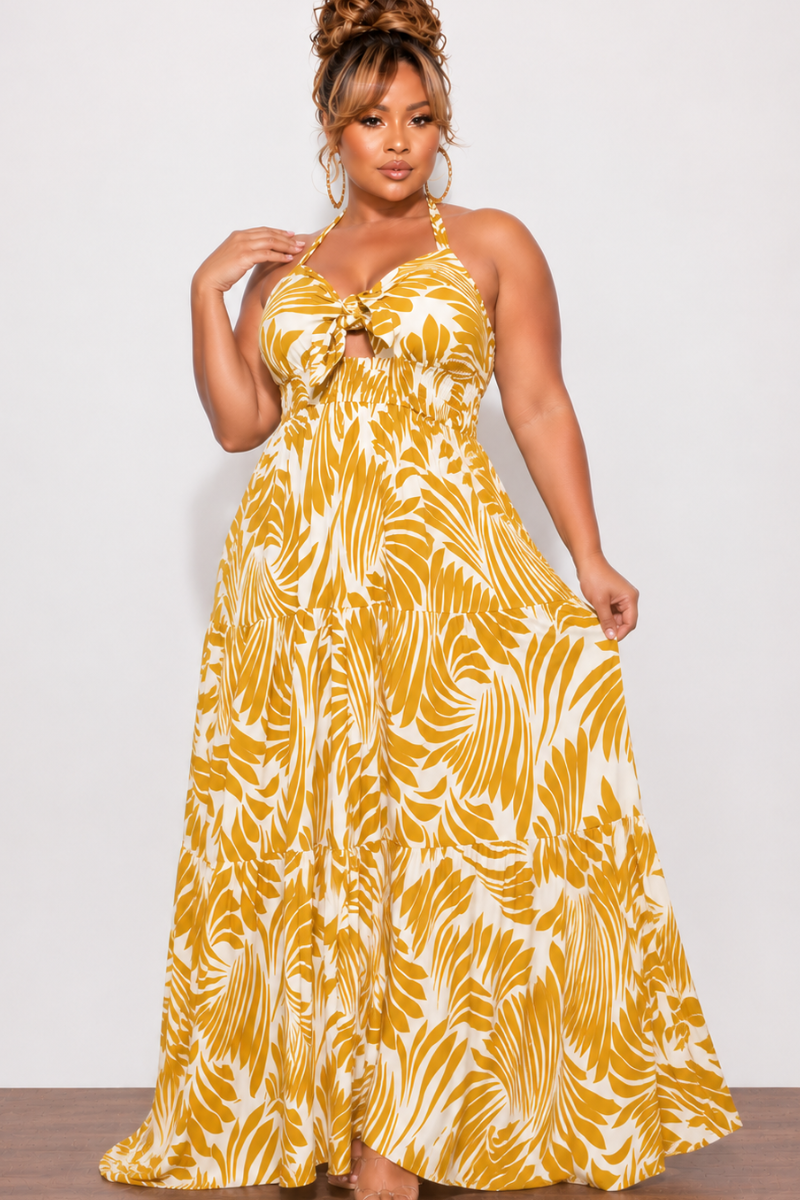 Final Sale Plus Size Halter Tiered Dress in Mustard & Off White  Print