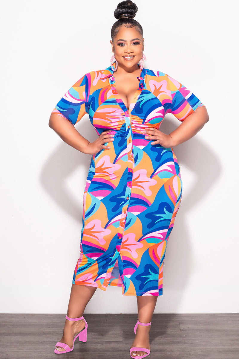 Final Sale Plus Size Collar Button Up BodyCon Dress In Multi Color "Mercy Me" Print