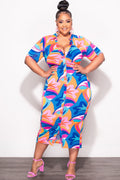 Final Sale Plus Size Collar Button Up BodyCon Dress In Multi Color "Mercy Me" Print