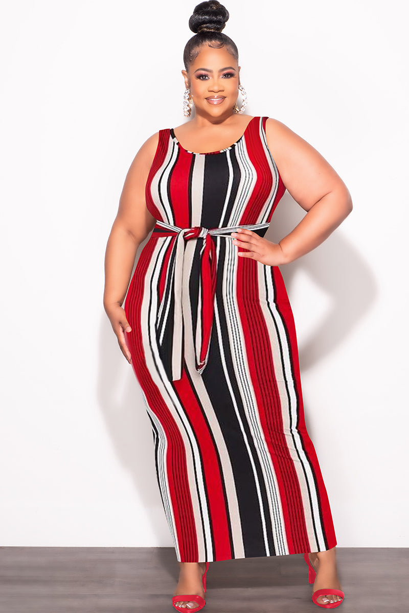 Final Sale Plus Size Sleeveless Maxi Dress with Waist Tie in Red Black and White Stripe Print