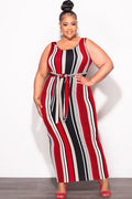 Final Sale Plus Size Sleeveless Maxi Dress with Waist Tie in Red Black and White Stripe Print