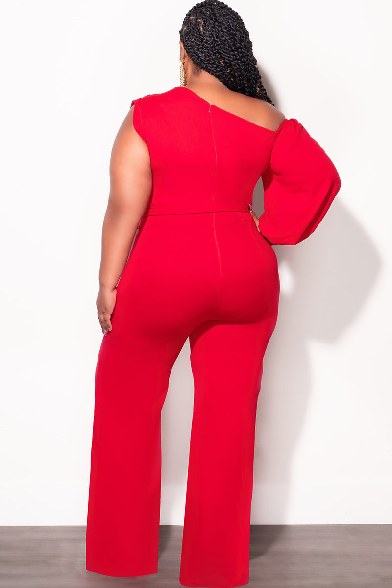 Final Sale Plus Size Balloon Sleeve Jumpsuit with Tie in Red