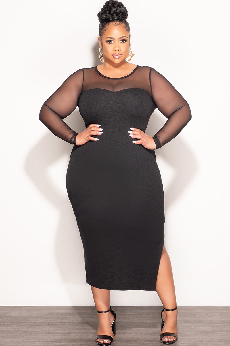 Final Sale Plus Size Midi Dress with Mesh in Black