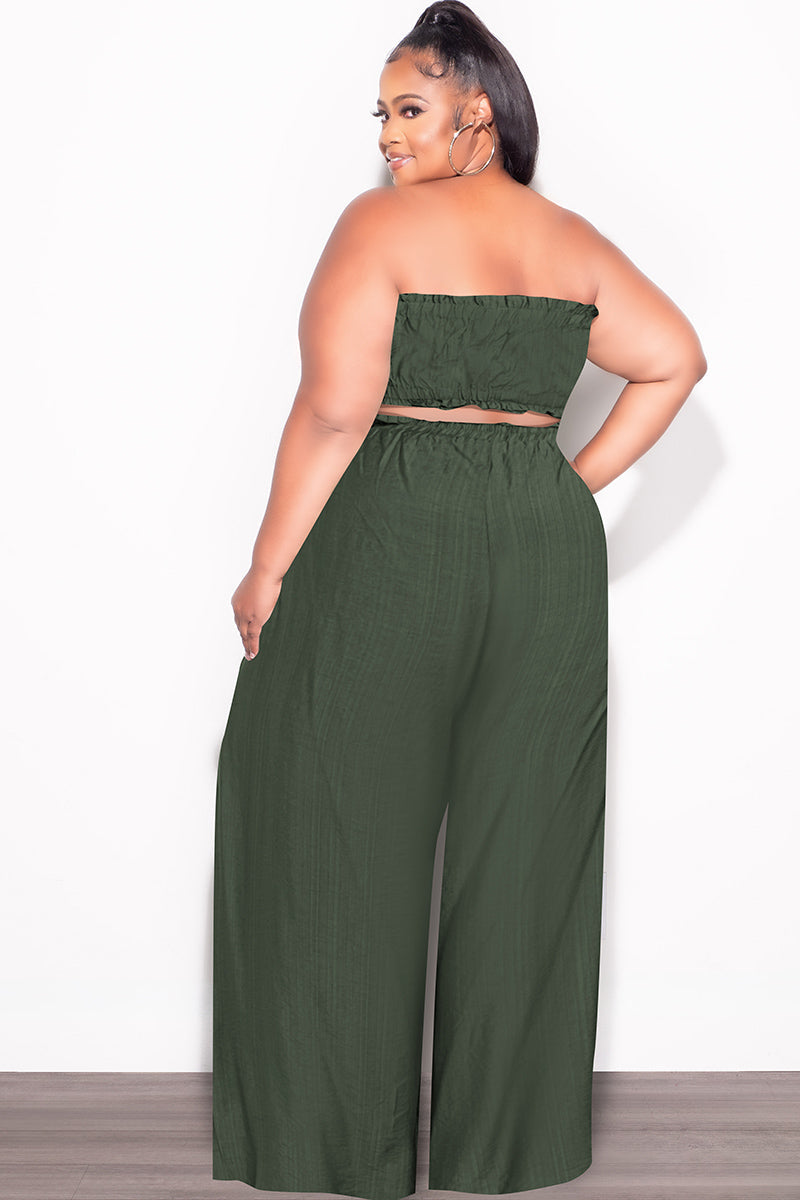 Final Sale Plus Size 2pc Strapless Crop Top and Flare Pants Set In Dark Green
