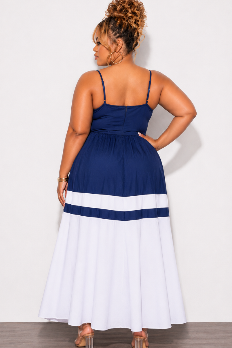 Final Sale Plus Size Poplin Color Block Maxi Dress Navy and White