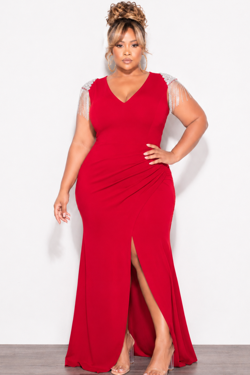 Final Sale Plus Size Deep V Rhinestone Fringe Shoulder With Maxi Dress in Red