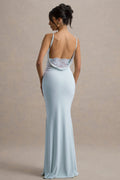 Francoise | Robe longue bleu clair à encolure bénitier, dos nu et empiècements en dentelle