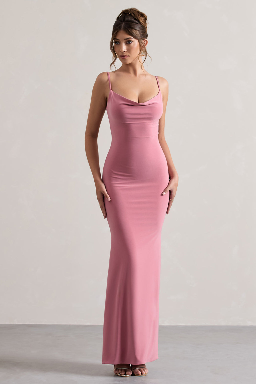 Francoise | Robe longue rose poudré à col bénitier et dos nu avec dentelle