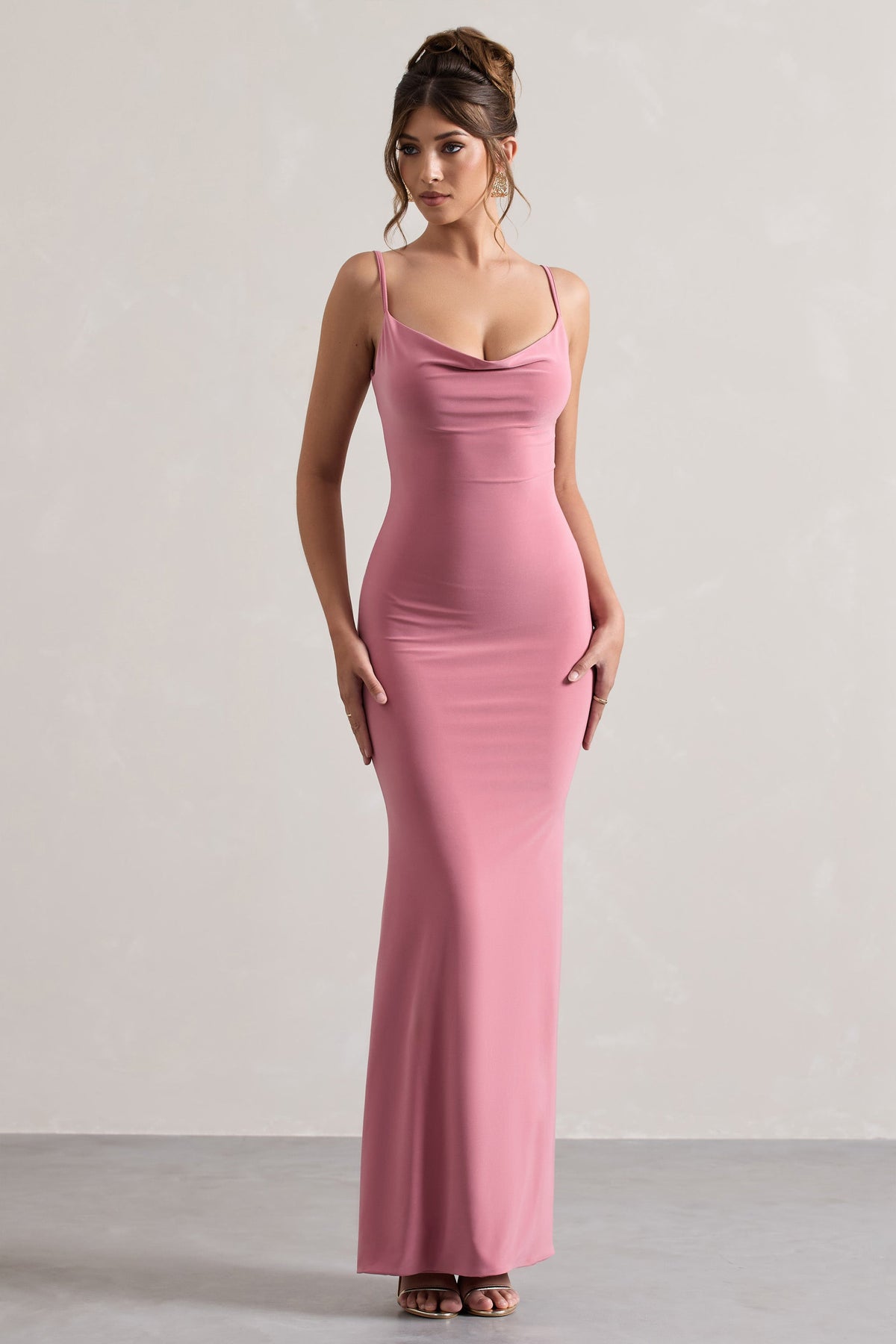 Francoise | Robe longue rose poudré à col bénitier et dos nu avec dentelle