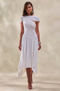 Lorina | Robe Mi-Longue Blanche à Col Montant et Taille Asymétrique