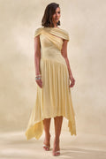 Lorina | Robe Mi-Longue Jaune Citron à Col Montant et Taille Asymétrique