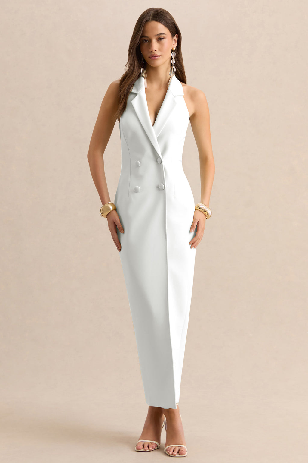 Hana | Robe longue tailleur blanche à décolleté plongeant