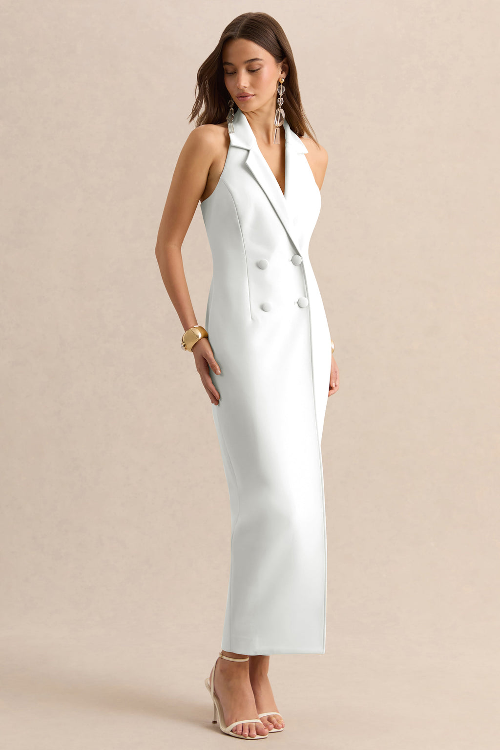 Hana | Robe longue tailleur blanche à décolleté plongeant