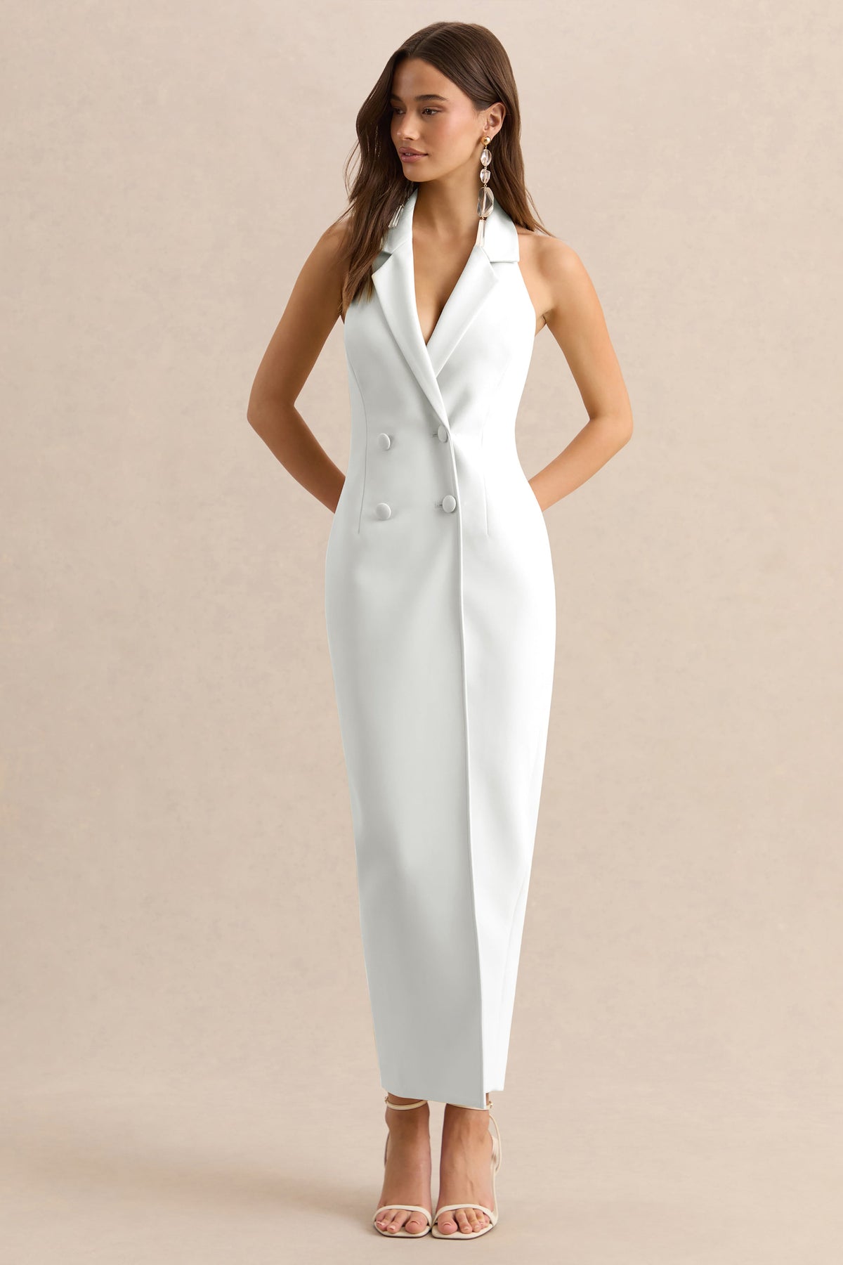 Hana | Robe longue tailleur blanche à décolleté plongeant