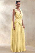 Amelisse | Robe longue jaune citron à décolleté plongeant avec détails froncés