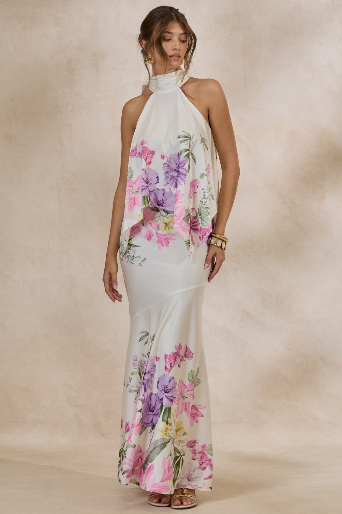 Sancelle | Haut dos-nu en satin mat à imprimé floral crème avec bordure