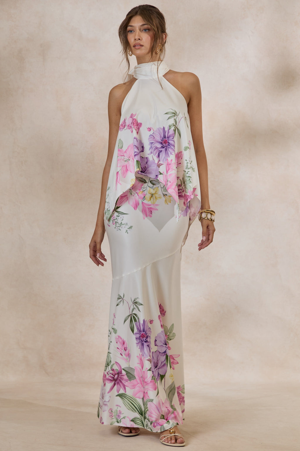 Sancelle | Haut dos-nu en satin mat à imprimé floral crème avec bordure