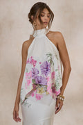 Sancelle | Haut dos-nu en satin mat à imprimé floral crème avec bordure