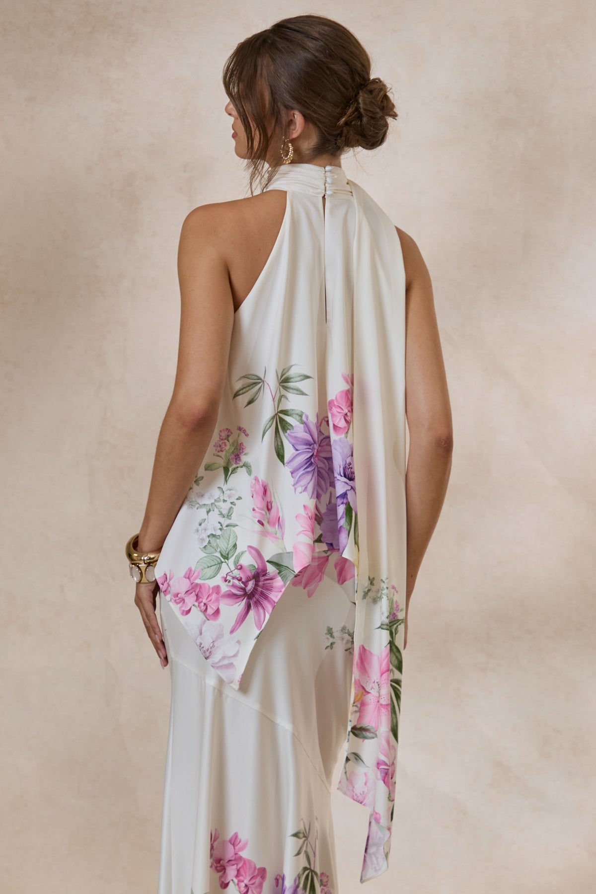Sancelle | Haut dos-nu en satin mat à imprimé floral crème avec bordure