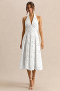 Maribel | Robe mi-longue blanche en dentelle à décolleté plongeant