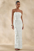 Gracie | Robe longue blanche en dentelle avec décolleté bandeau
