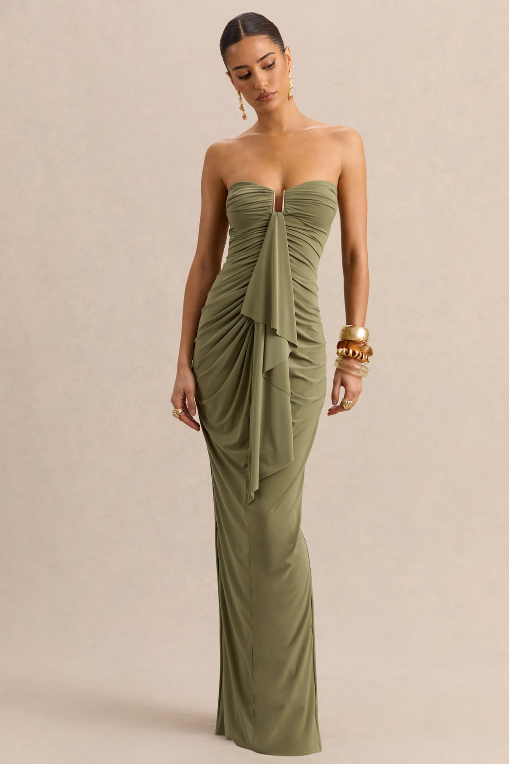 Chloe | Robe longue vert olive bandeau avec détails volantés