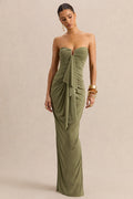 Chloe | Robe longue vert olive bandeau avec détails volantés