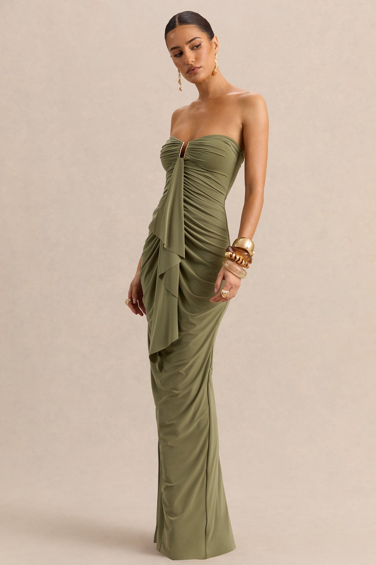 Chloe | Robe longue vert olive bandeau avec détails volantés