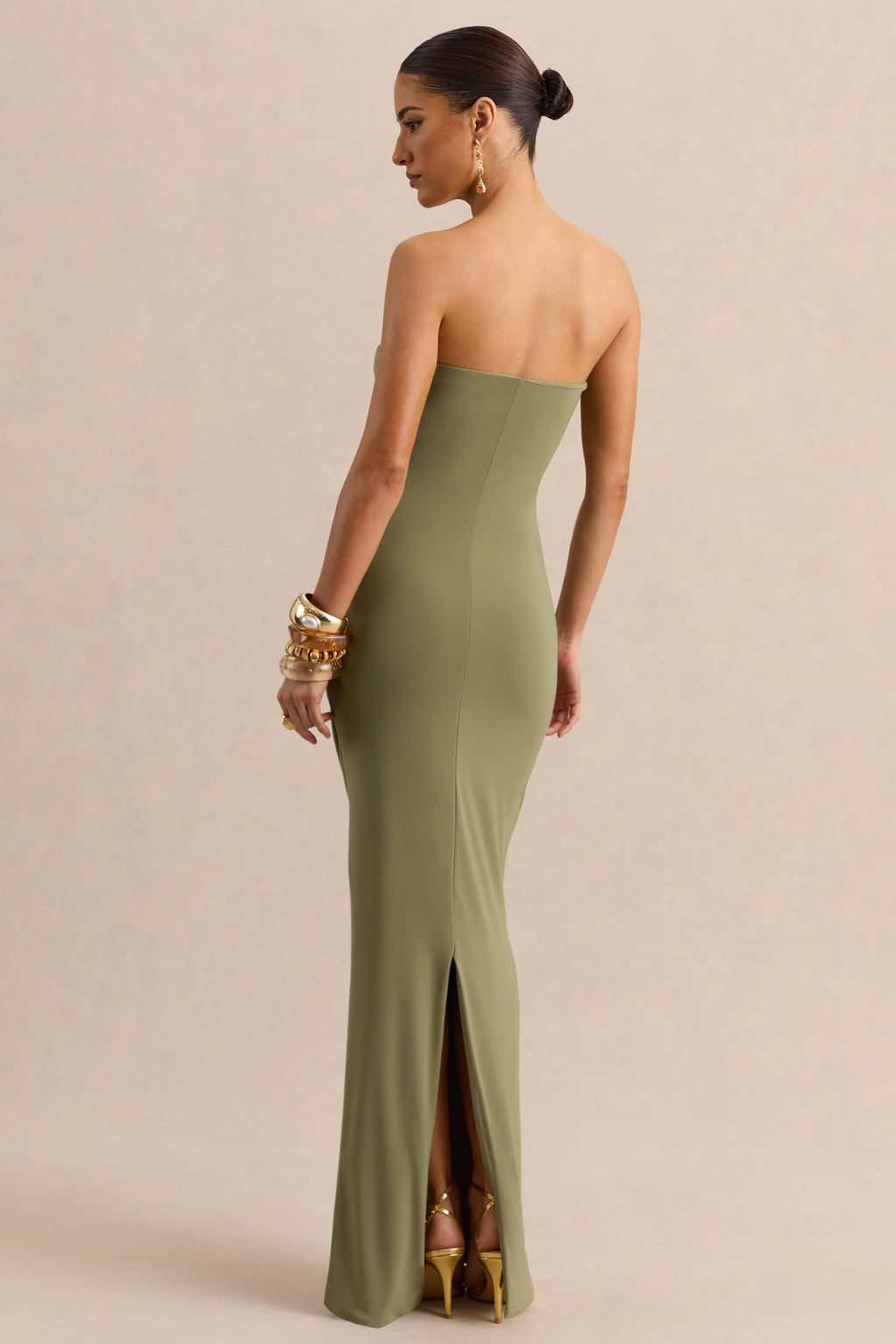 Chloe | Robe longue vert olive bandeau avec détails volantés
