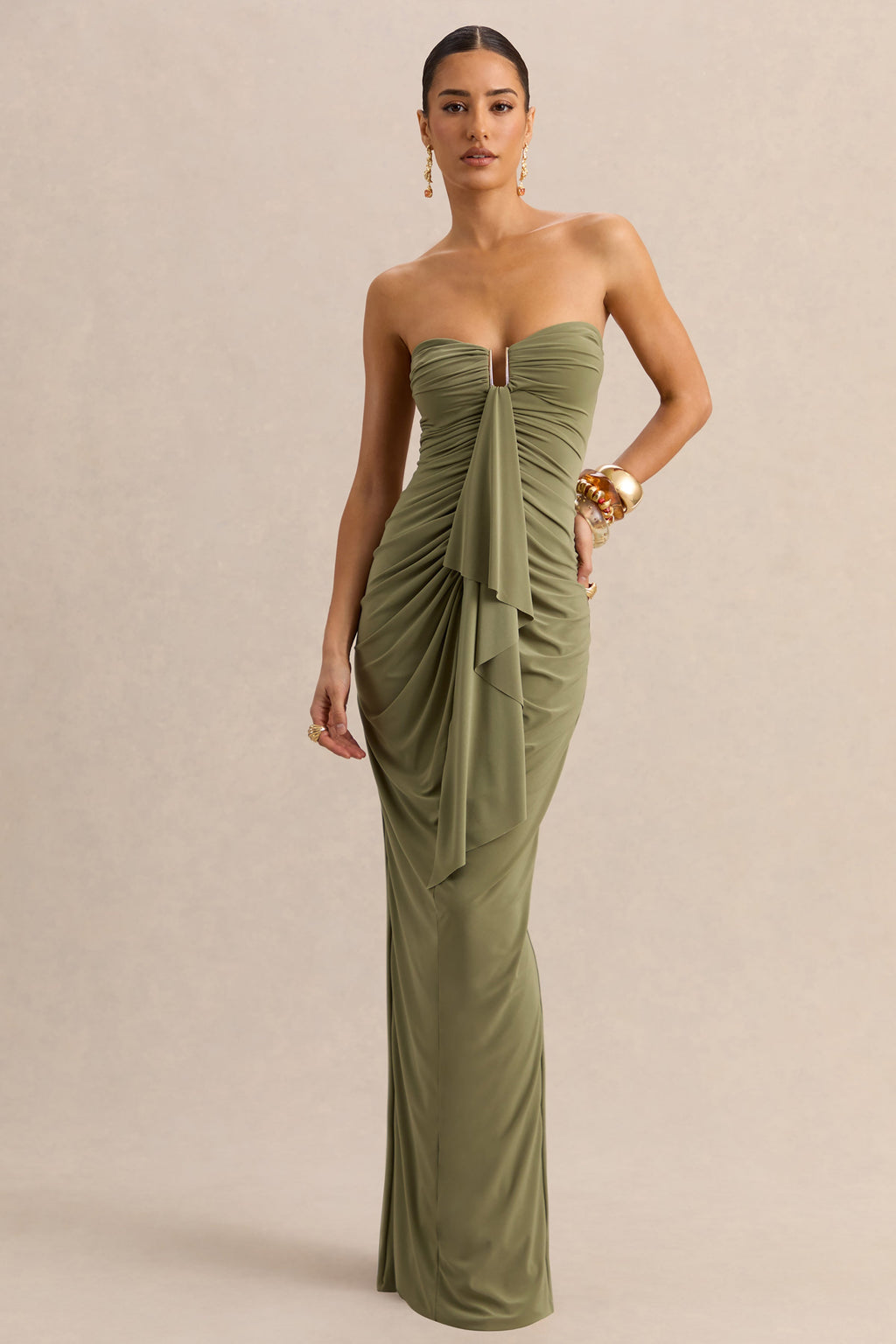 Chloe | Robe longue vert olive bandeau avec détails volantés