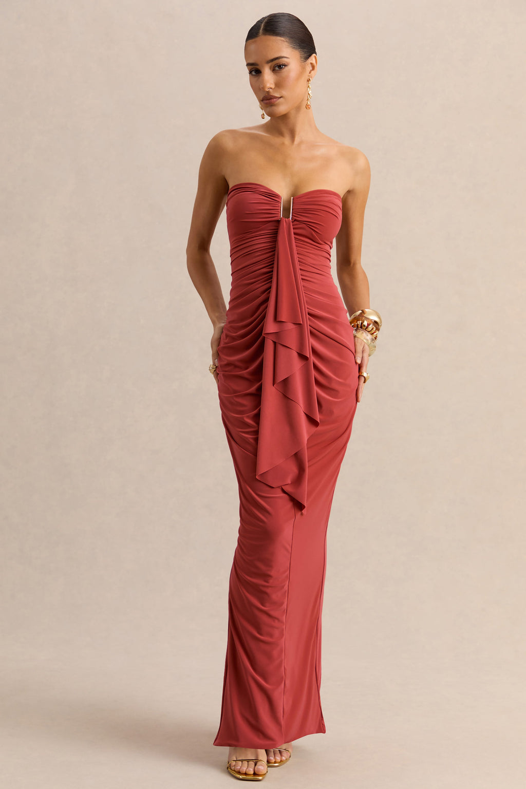 Chloe | Robe longue rouille bandeau avec détails volantés