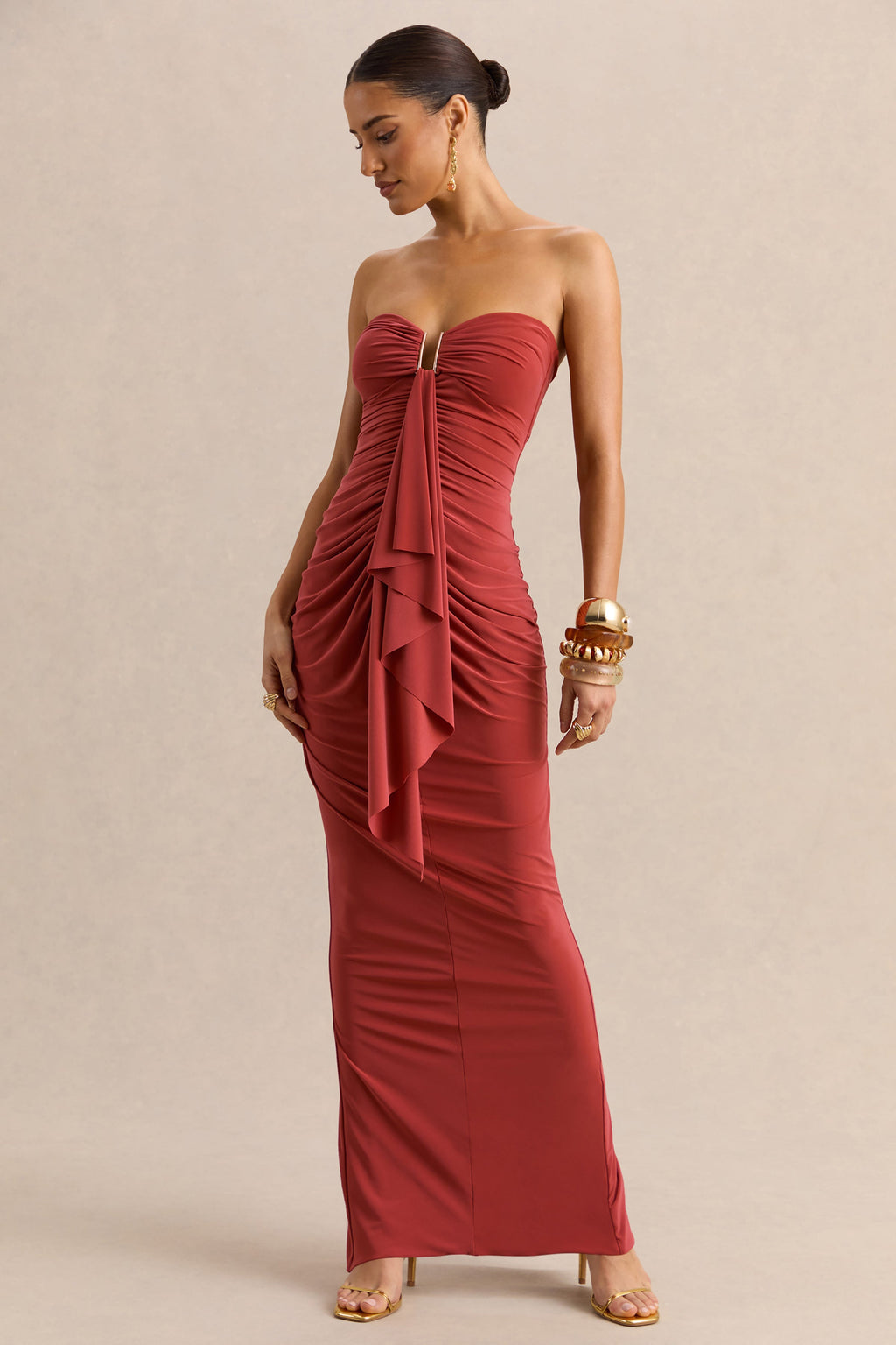Chloe | Robe longue rouille bandeau avec détails volantés