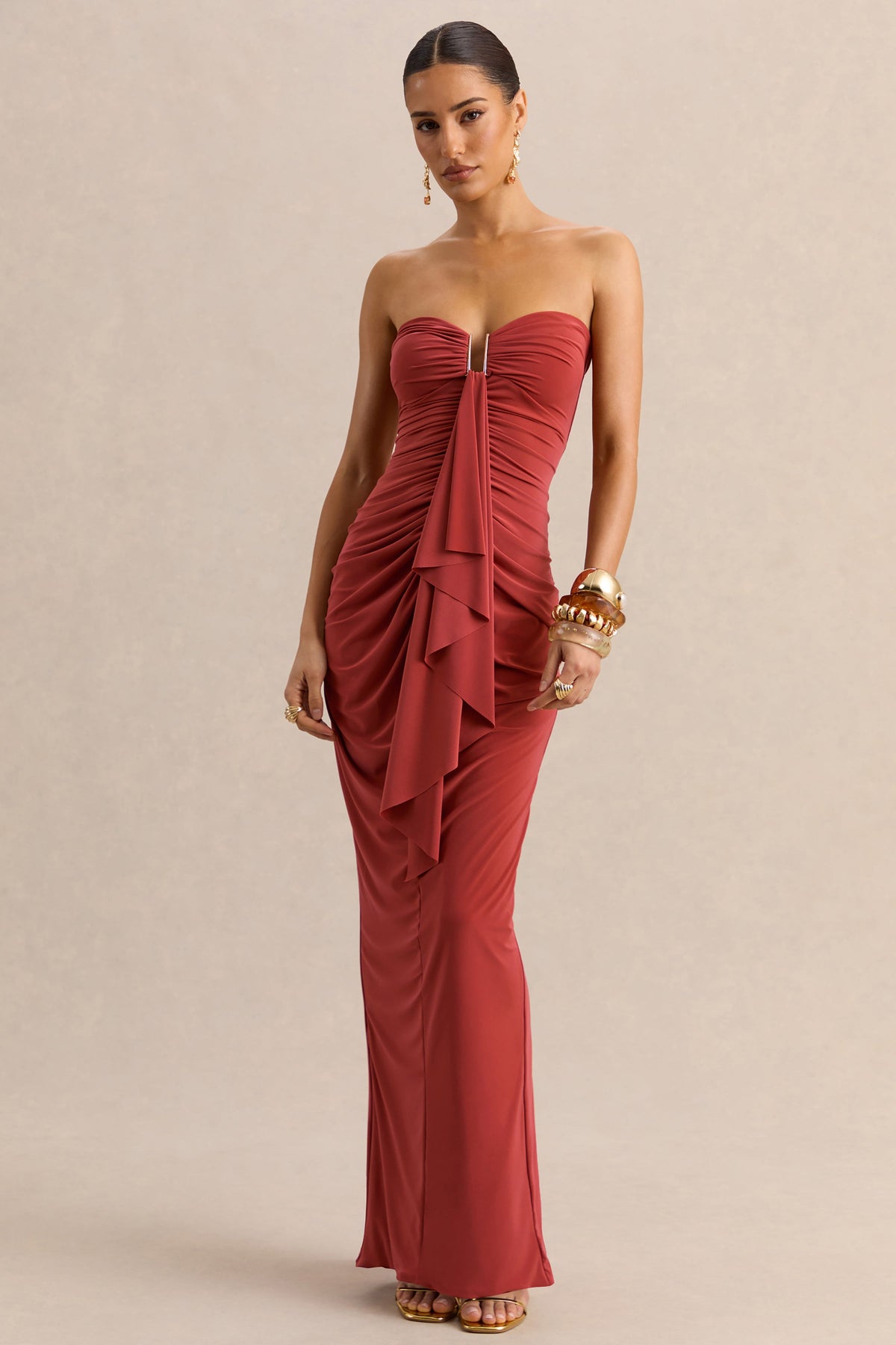 Chloe | Robe longue rouille bandeau avec détails volantés