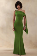 Vista | Robe longue verte à encolure asymétrique avec détail noué à la manche