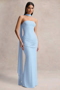 Graciella | Robe longue bandeau bleu clair à détails drapés et détail foulard