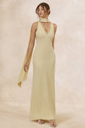 True Icon | Robe longue jaune citron en satin à col montant avec écharpe