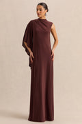 Marosia | Robe longue marron à col montant avec manche cape