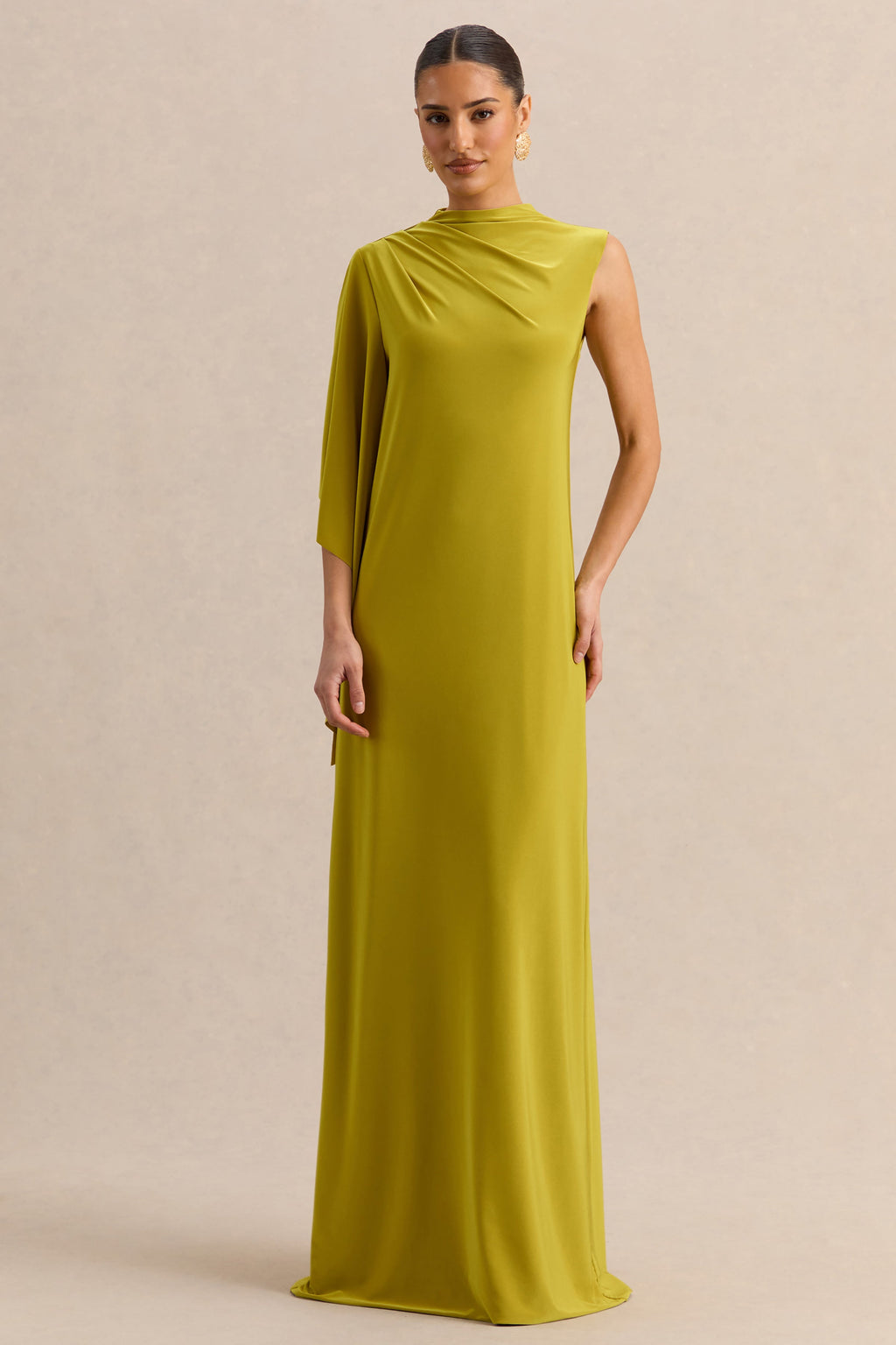 Marosia | Robe longue olive à col montant avec manche cape